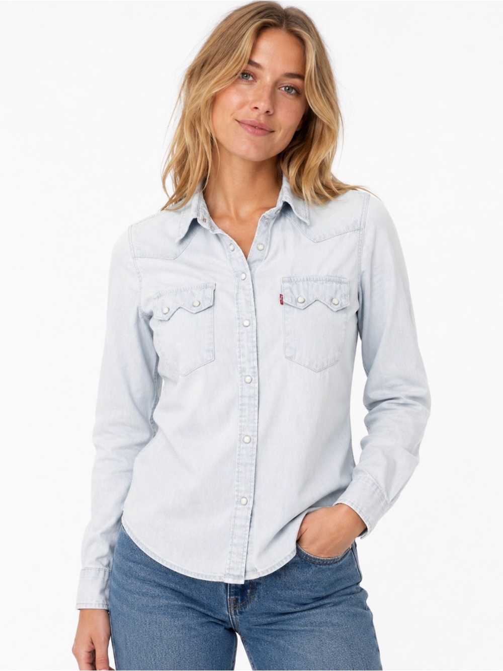 Levi's Light Blue Denim Shirt Blouse with Red Logo Tab